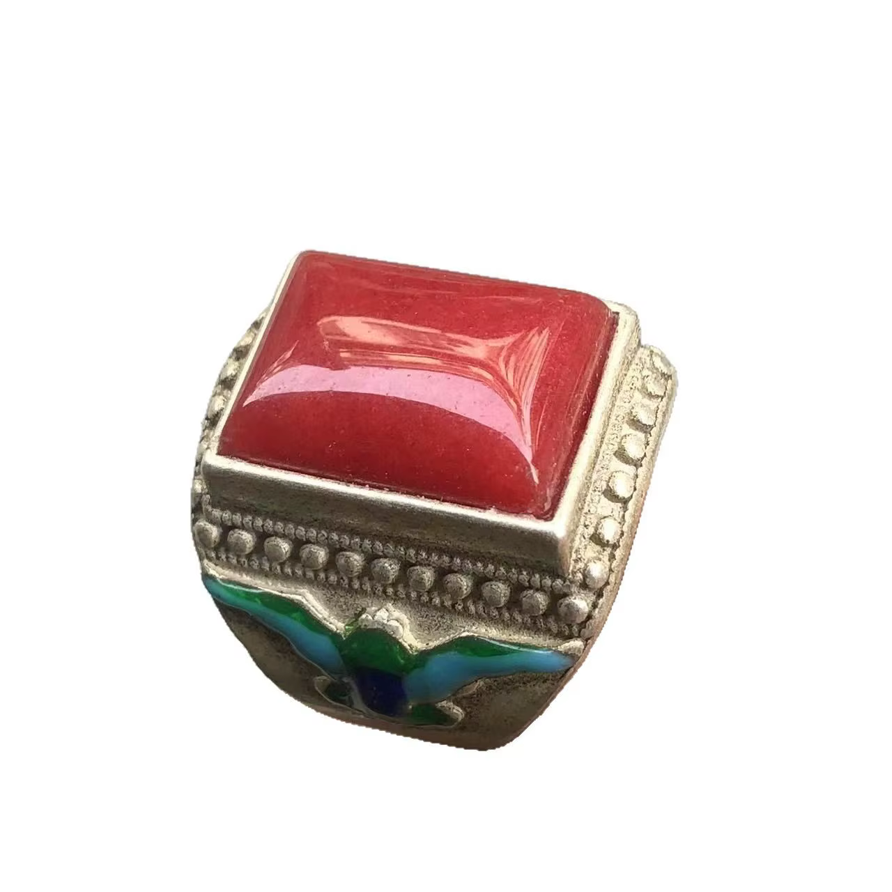 Bague Chevalière Vintage en Argent Émaillé Cloisonné