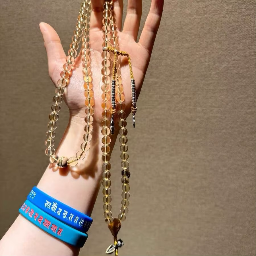 Collier Mala de prière 108 perles en cristal jaune naturel brésilien 2026, bois de santal ancien indien, bijoux spirituels en argent sterling 925