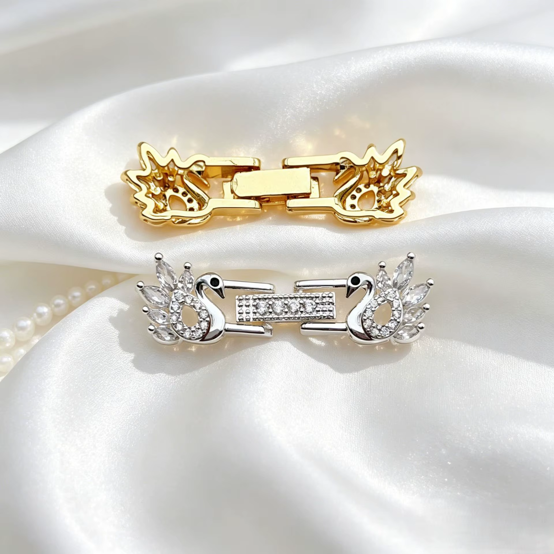 Boucle de Fermeture Plaqué Or 18 carats, Motif Cygne, avec Zircon et Perle, pour Collier et Bracelet, Accessoires de Bijoux DIY, Vente en Gros