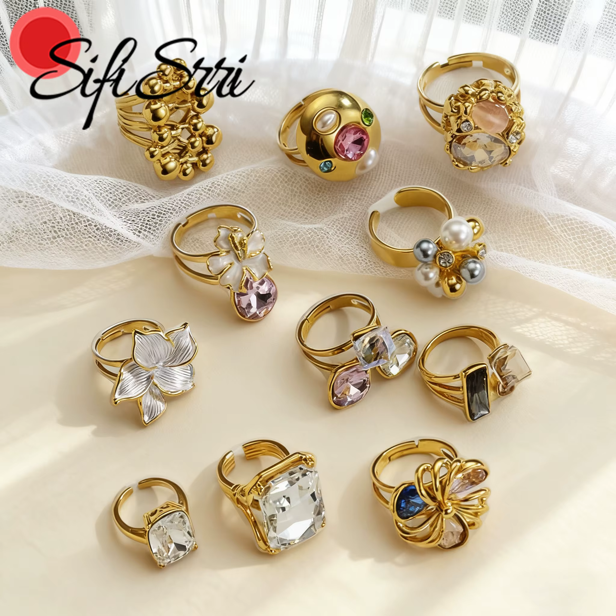 Sifisrri Simple Zircon fleur perlée anneaux pour femmes fille en acier inoxydable bijoux réglable couleur or anneau cadeau de noël