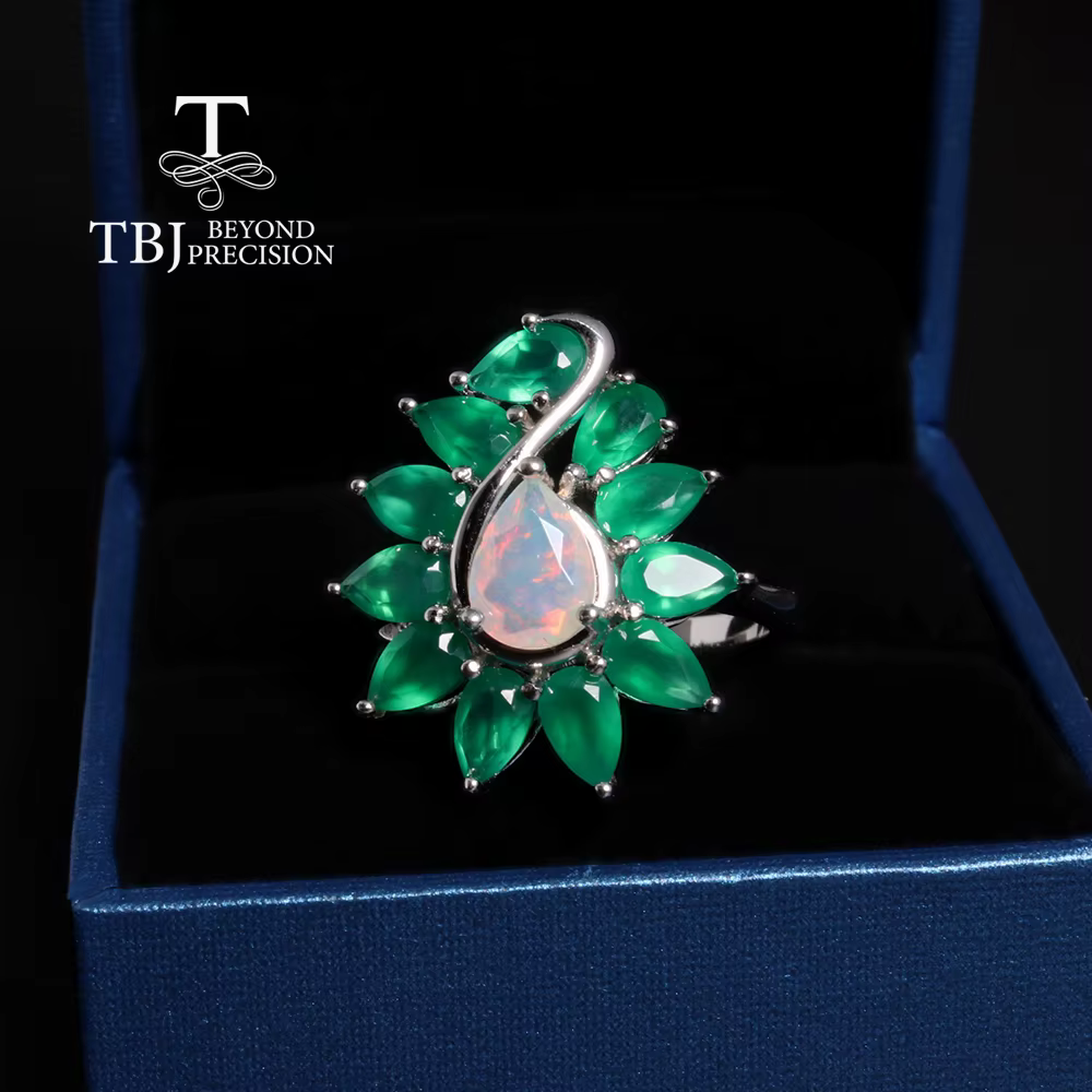 Bague en argent 925 avec agate verte naturelle précieuse et opale