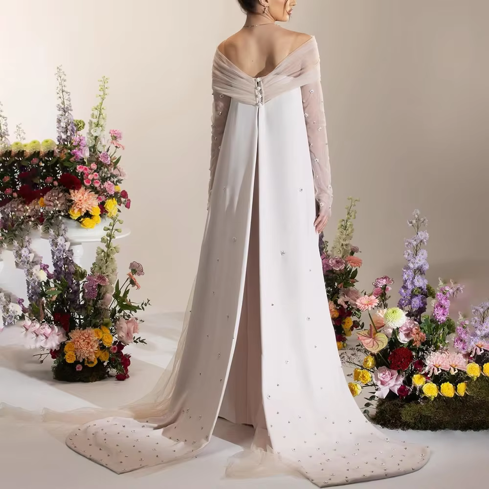 Robes de soirée de mariage élégantes col bateau manches longues perles