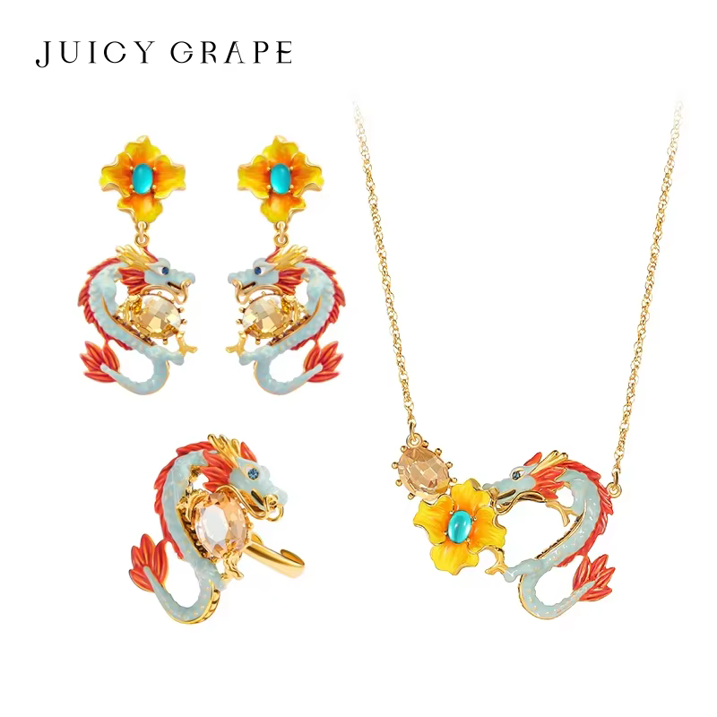 Boucles d'oreilles Loong Grape Juicy pour femme, épingle en argent 925, émail fait à la main, colliers de la présidence du dragon, bague de cocktail unisexe, bijoux colorés pour la fête