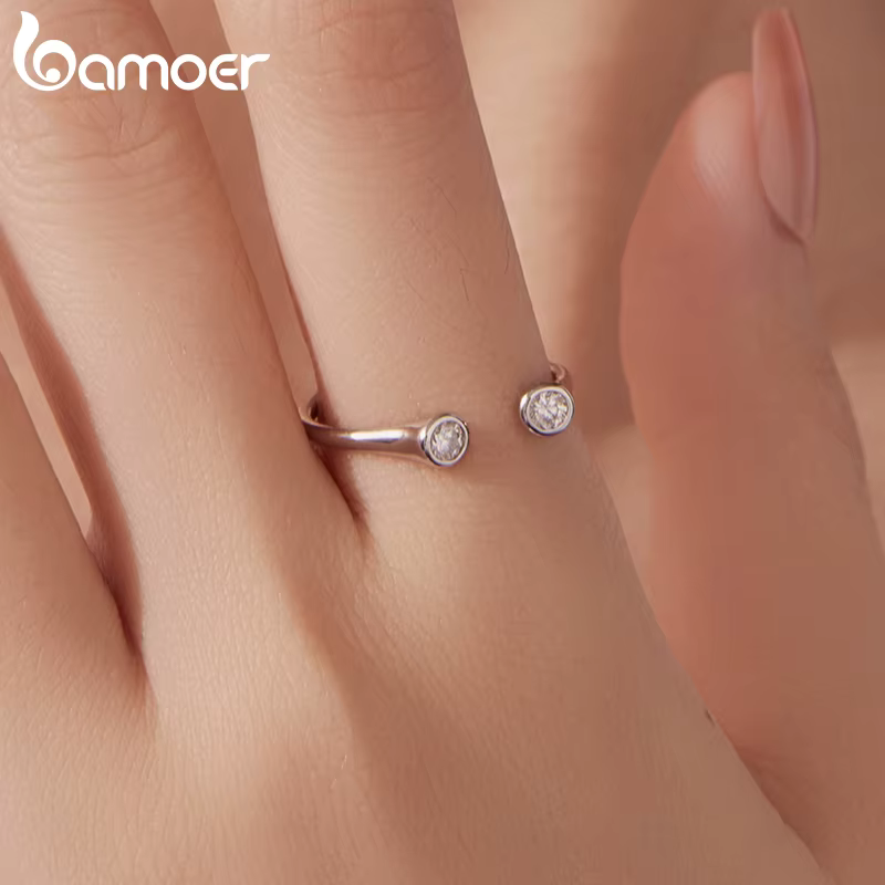 BAMOER Moissanite larme anneau ouvert Double pierre empilable