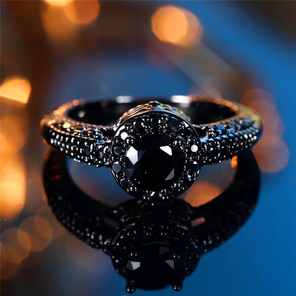 ChimCute-Bague ronde noire en pierre pour femme, bijoux de mariage vintage, document en or, mode féminine