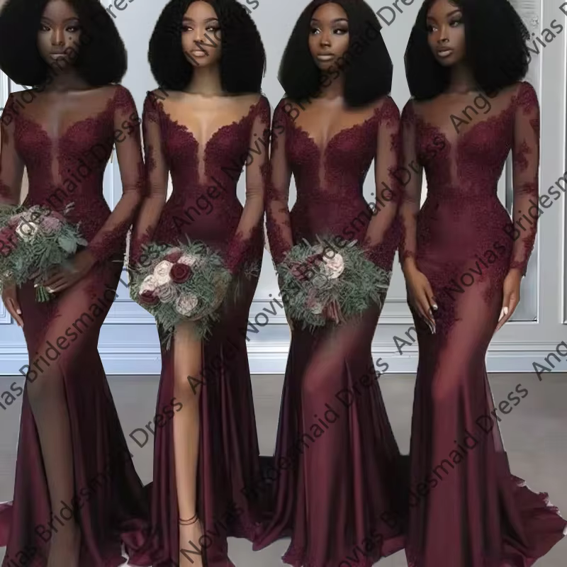 Longue sirène Sexy bordeaux robes De demoiselle d'honneur fête De mariage robe