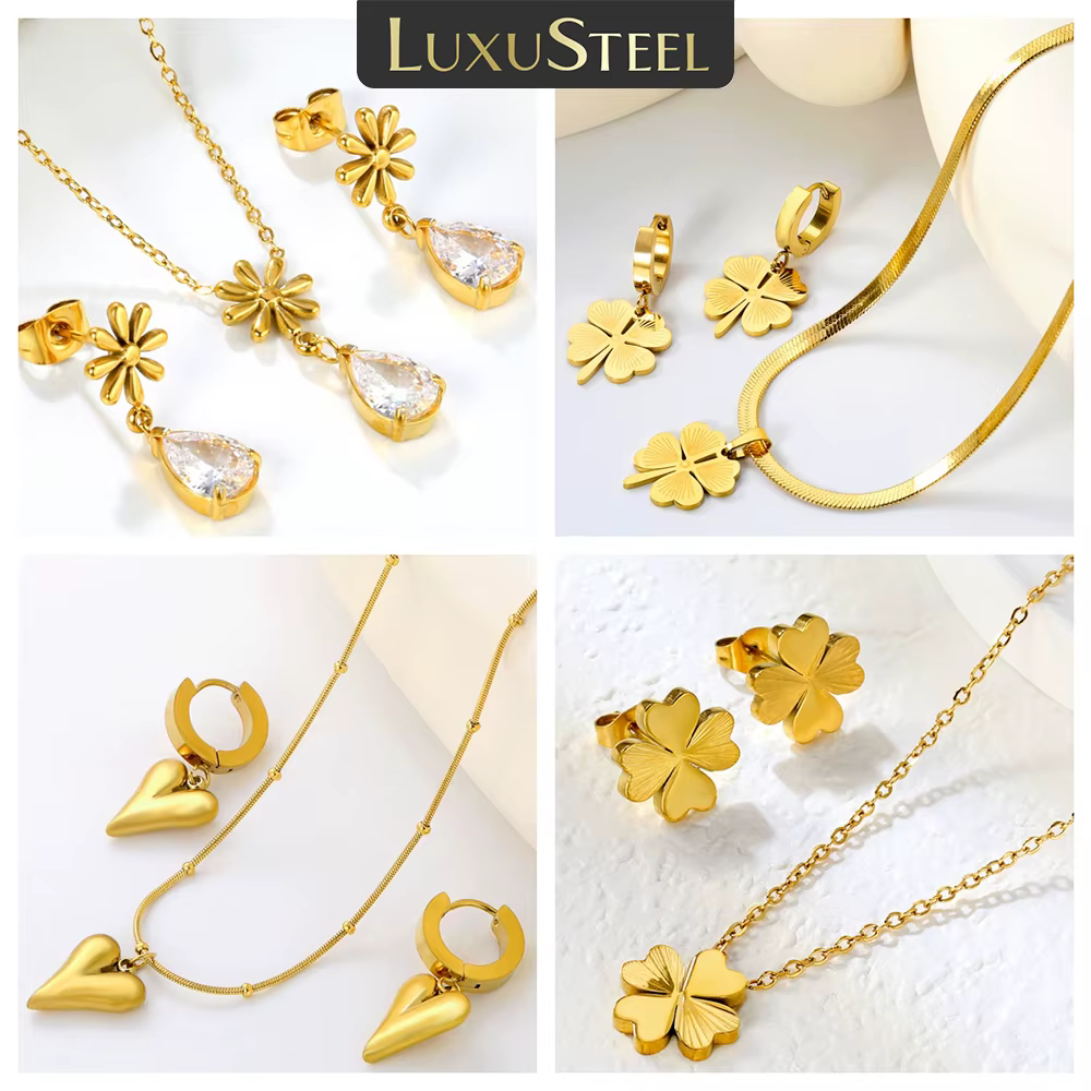 Ensemble de bijoux de luxe en forme de trèfle et de cœur pour femmes, pendentifs, collier et boucles d'oreilles, gouttelette d'eau en cristal, chaîne en acier inoxydable