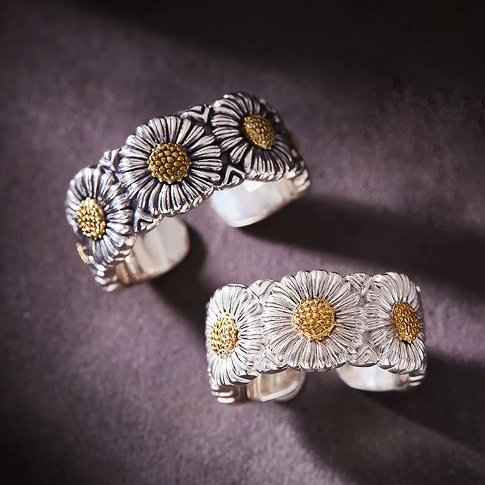 Bague ouverte réglable en forme de marguerite rétro pour hommes et femmes