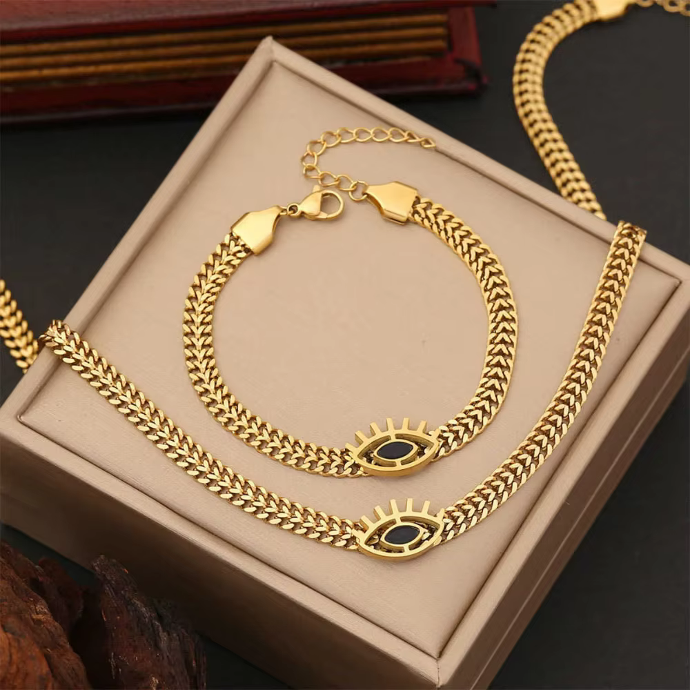 Collier ras-du-cou et bracelet en acier inoxydable avec breloques œil en zircon