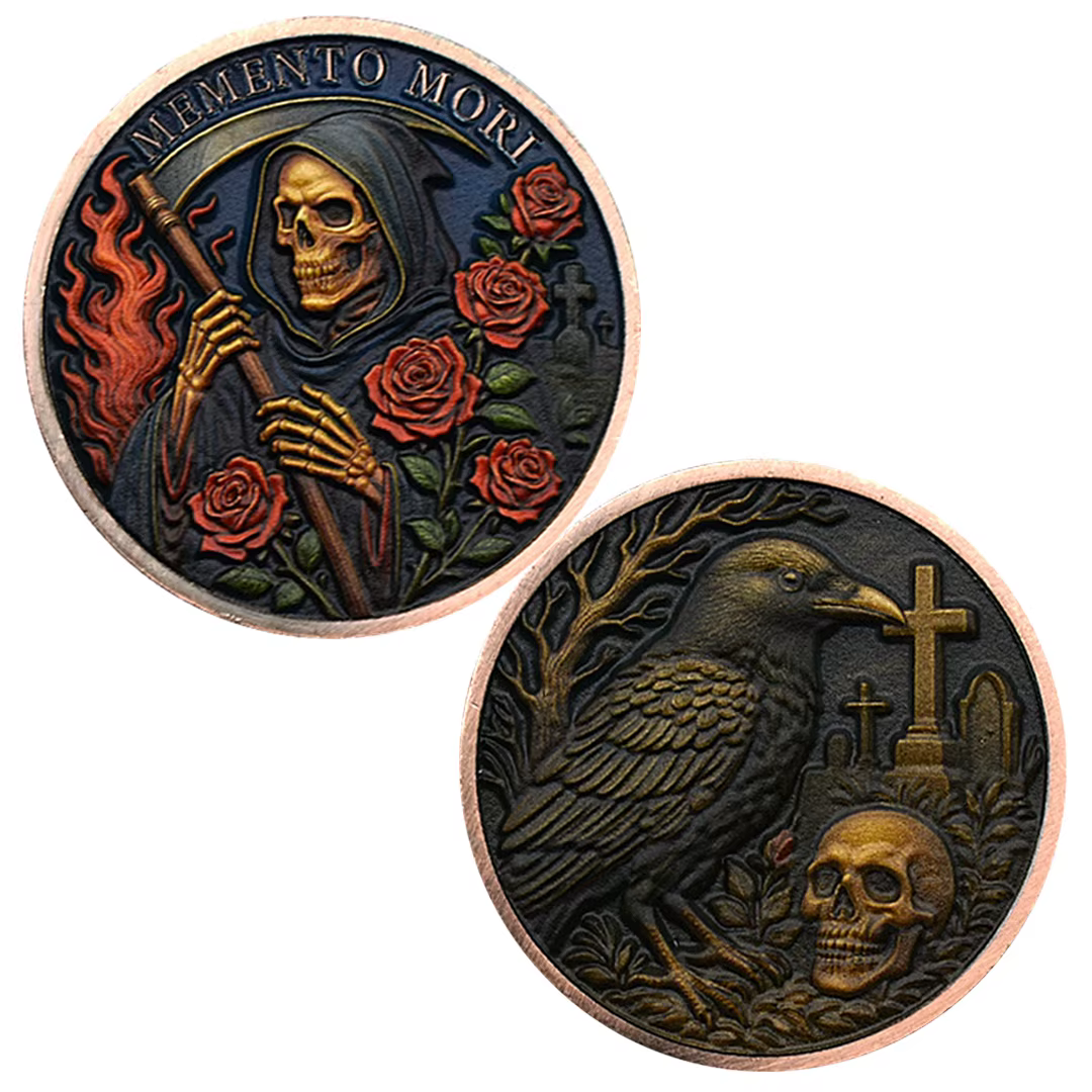Memento Mori crâne Rose commémoratif plaqué corbeau croix pièce à collectionner décoration de la maison