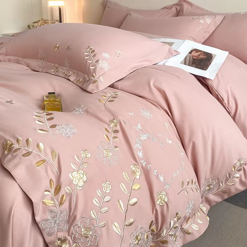 4 pièces/ensemble léger luxe 120s pur coton Floral brodé housse de couette taies d'oreiller drap-housse doux pour la peau ensemble de literie nue