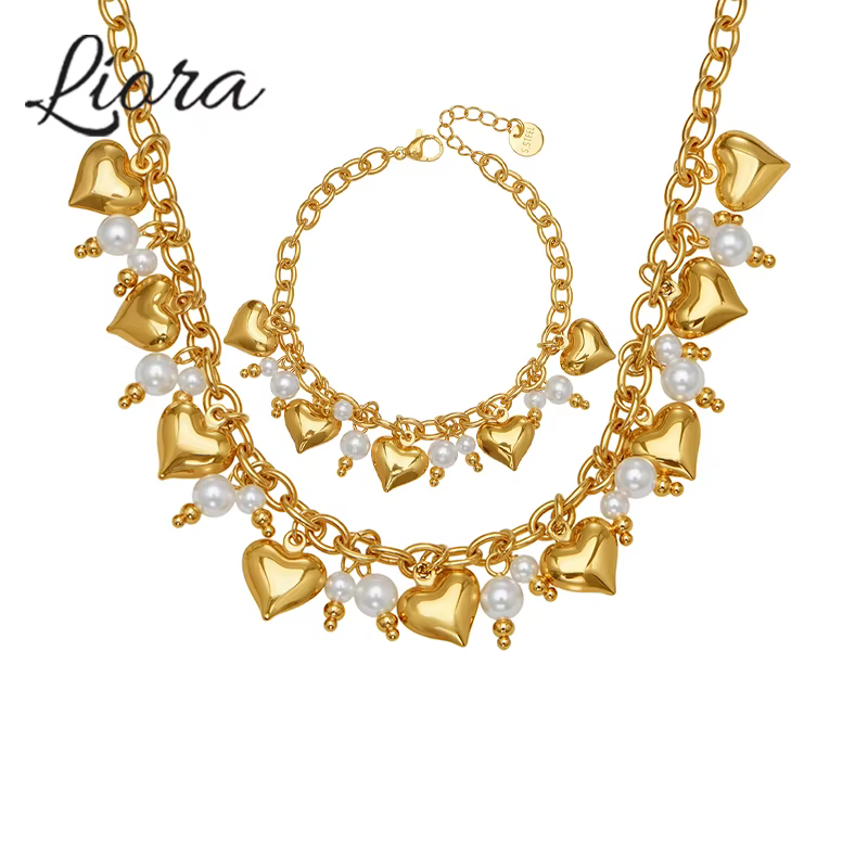 Liora mode polonais amour coeur Imitation perle pendentif chaîne colliers Bracelets pour femmes en acier inoxydable ensembles de bijoux de mariage