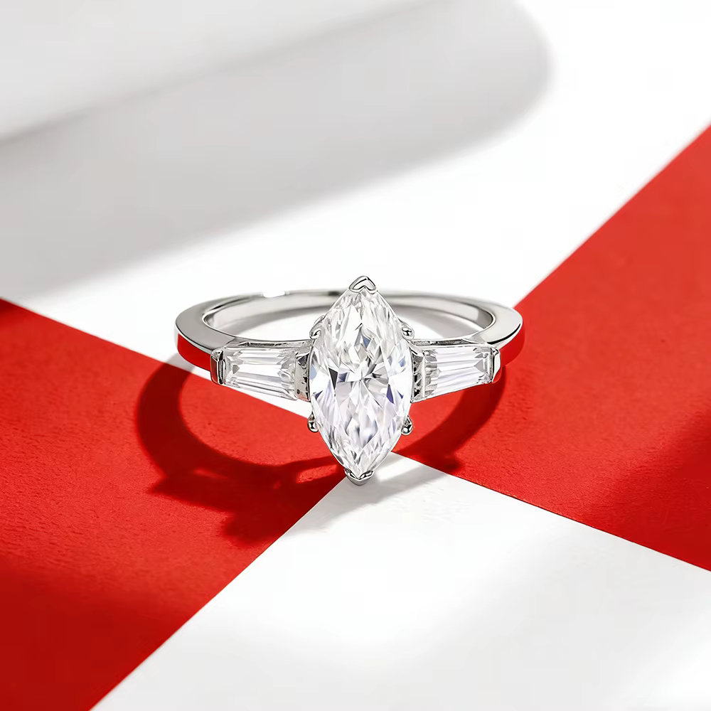 Bague BXINY en argent sterling 925 avec 3 pierres de moissanite taille marquise pour femme, alliance de mariage conique avec diamants baguette, cadeau de joaillerie fine
