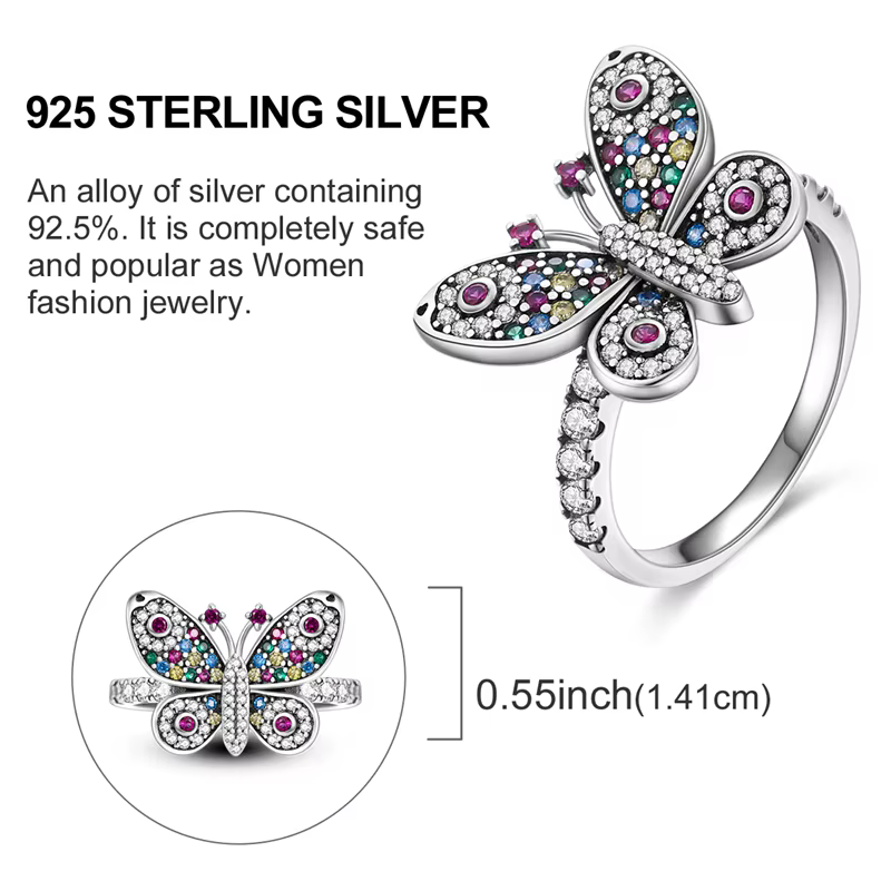 Bague papillon scintillante en argent Sterling 925