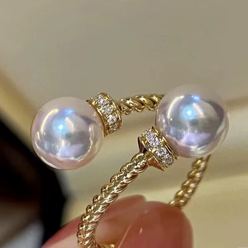 Bague ouverte double perle en argent sterling 925 pour femme