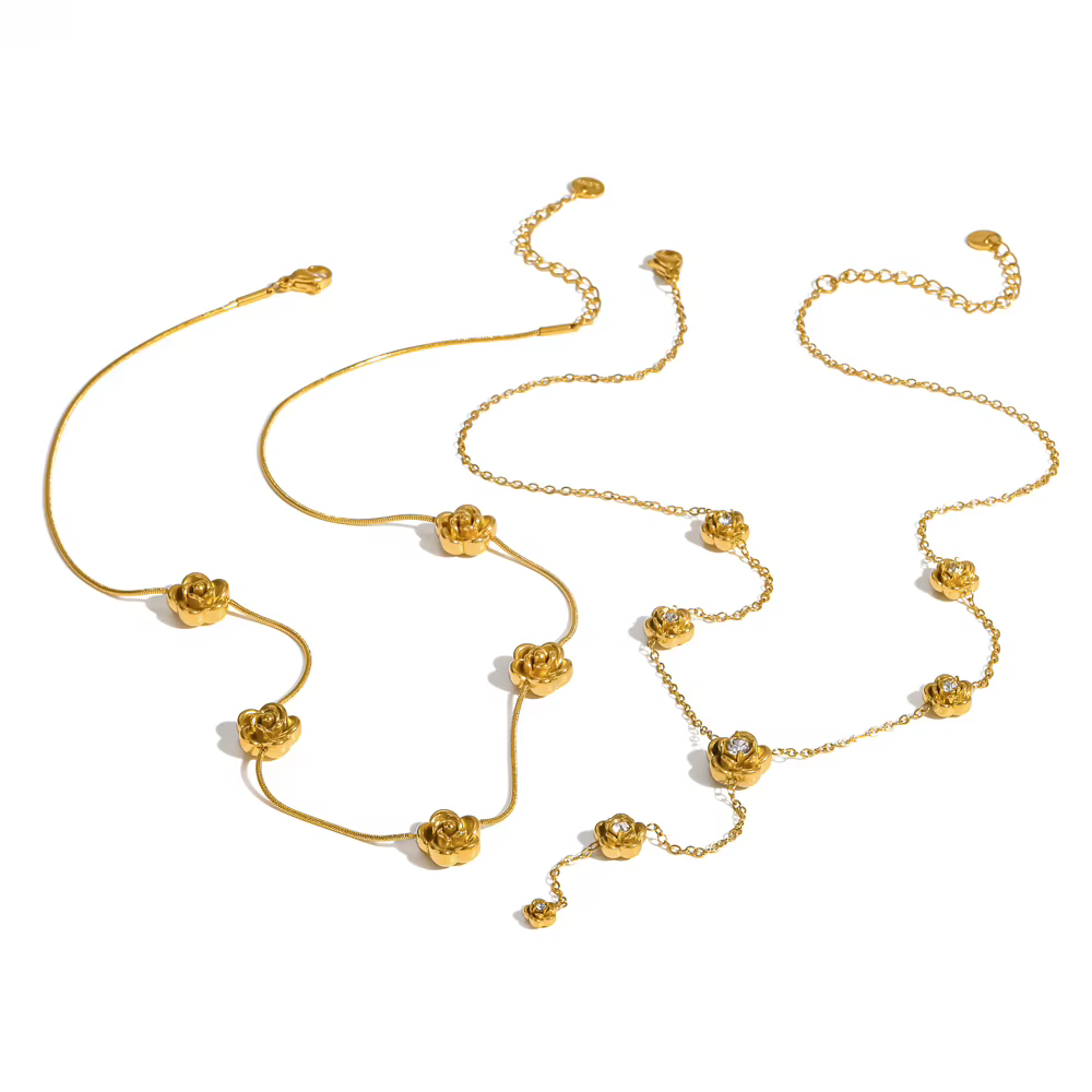 Collier de fleurs de rose vintage dorées en acier inoxydable 316L