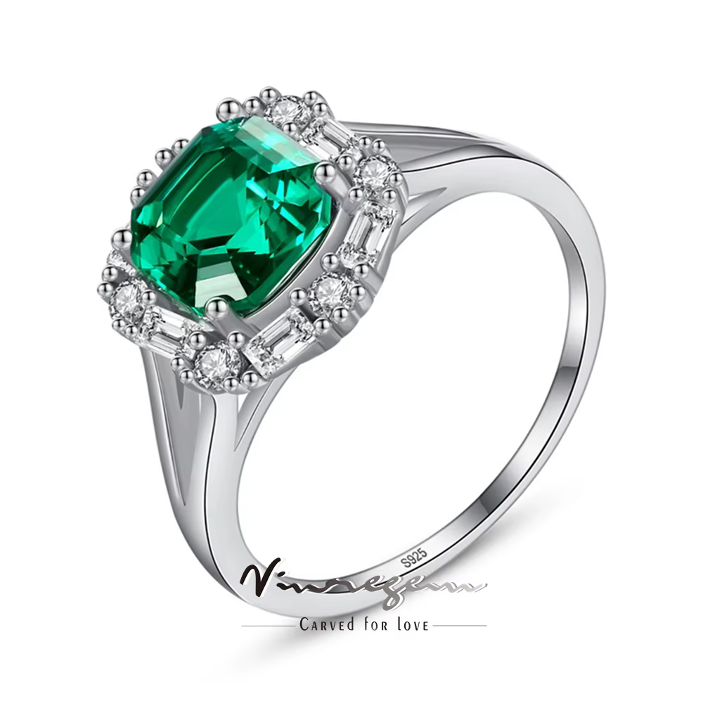 Vinregem 7*7 MM laboratoire créé émeraude pierre précieuse bague Vintage pour les femmes 925 en argent Sterling fête de mariage bijoux fins en gros