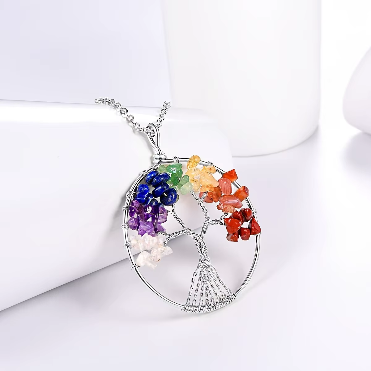 7 Chakra arbre de vie fil enveloppé lien chaîne pendentif collier pierre naturelle cristal