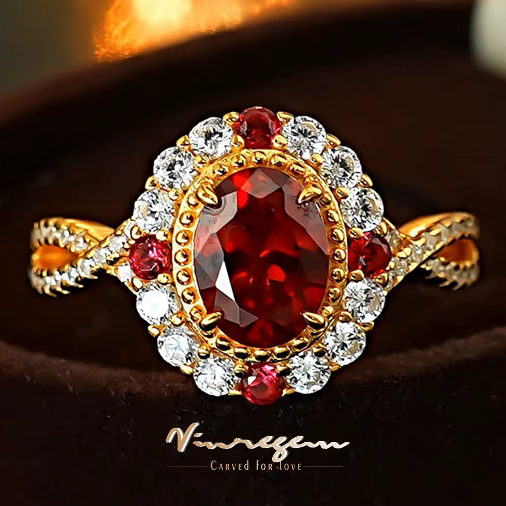Vinregem 6*8MM taille ovale rubis haute teneur en carbone diamant gemmes bague Vintage pour les femmes 925 en argent Sterling fiançailles de mariage bijoux fins