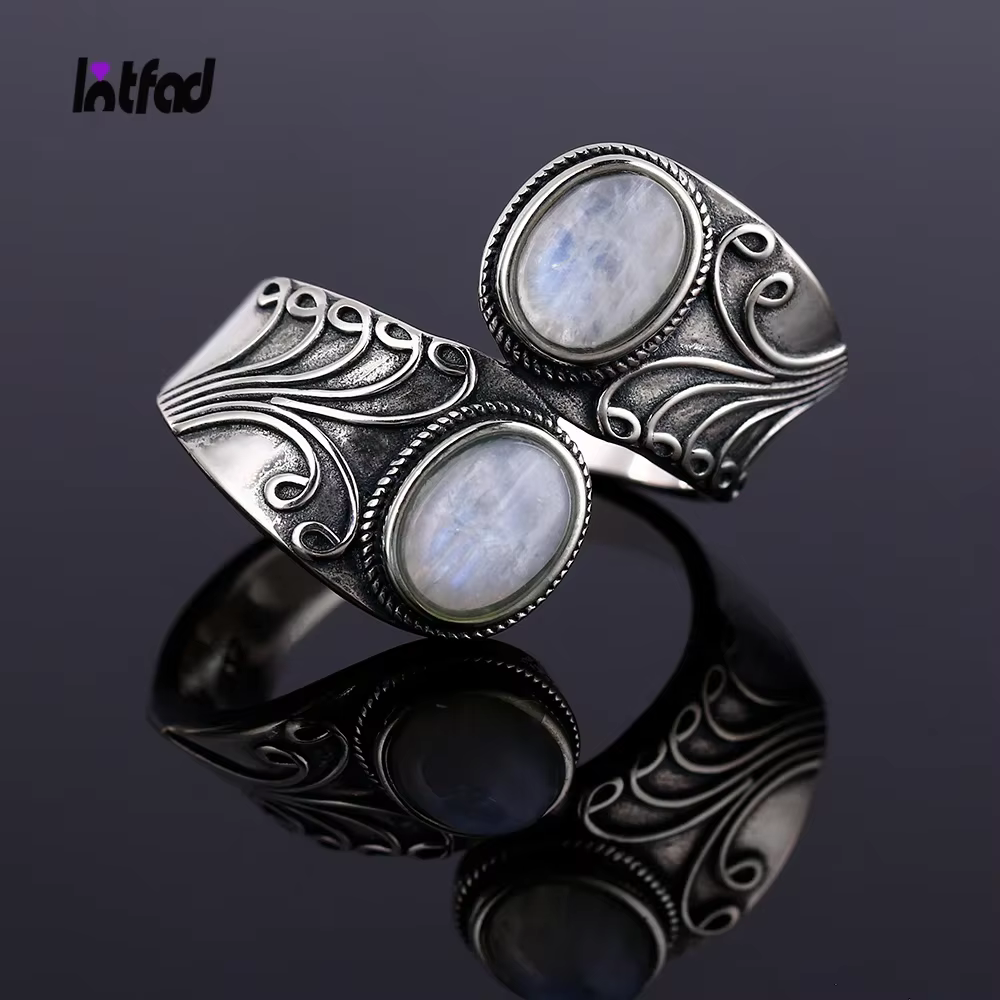Bague en argent Sterling 925 avec pierre de lune naturelle pour hommes et femmes