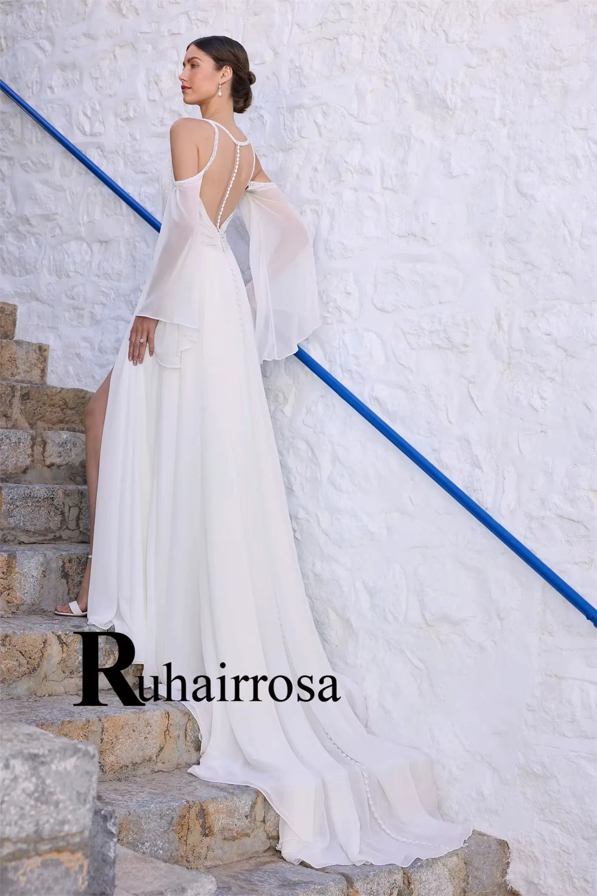 Ruhair Chic Robe De mariée haute fente a-ligne col en v bouton perles en mousseline De soie