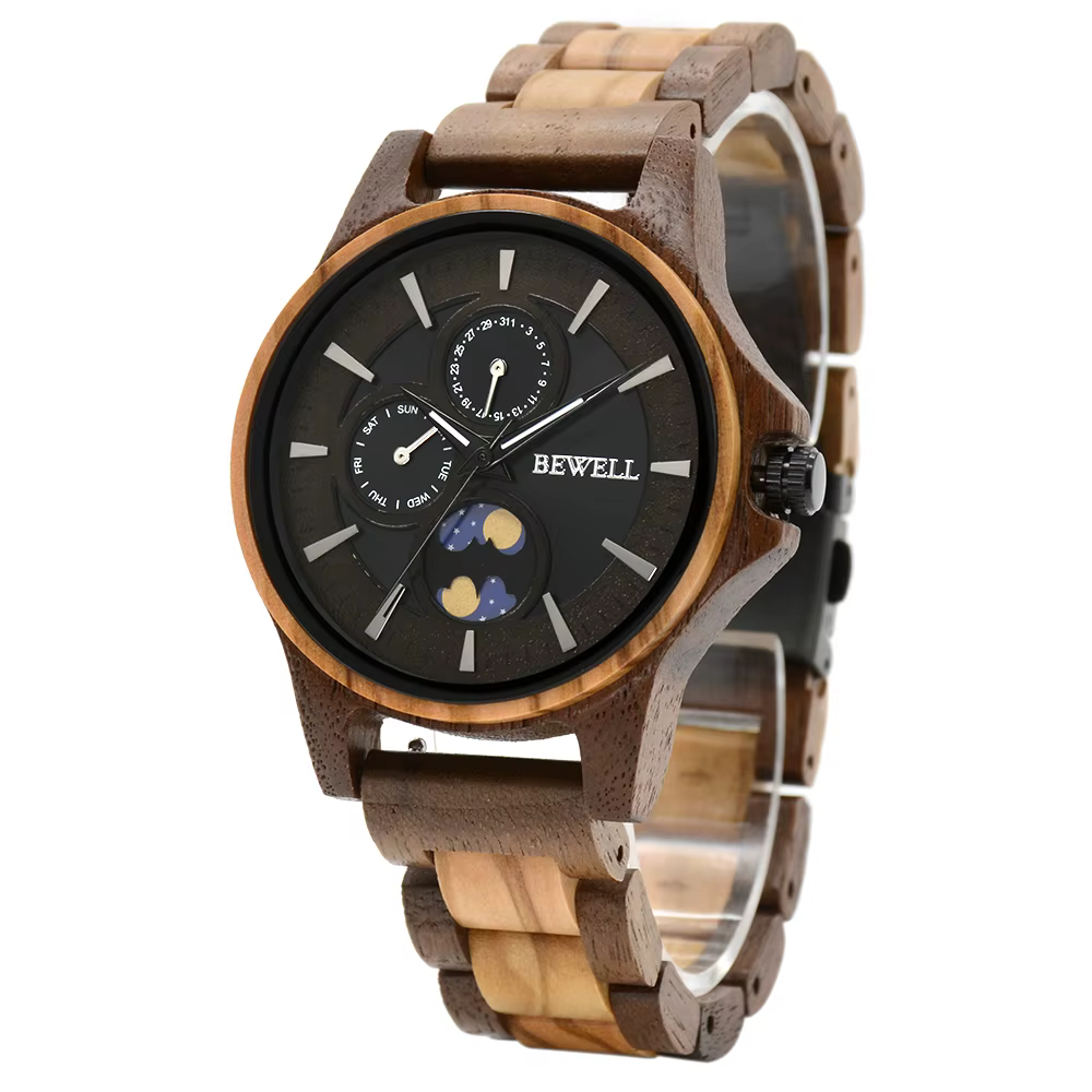 Montre homme luxueuse en bois gravé cadran rond phase de lune lumineuse