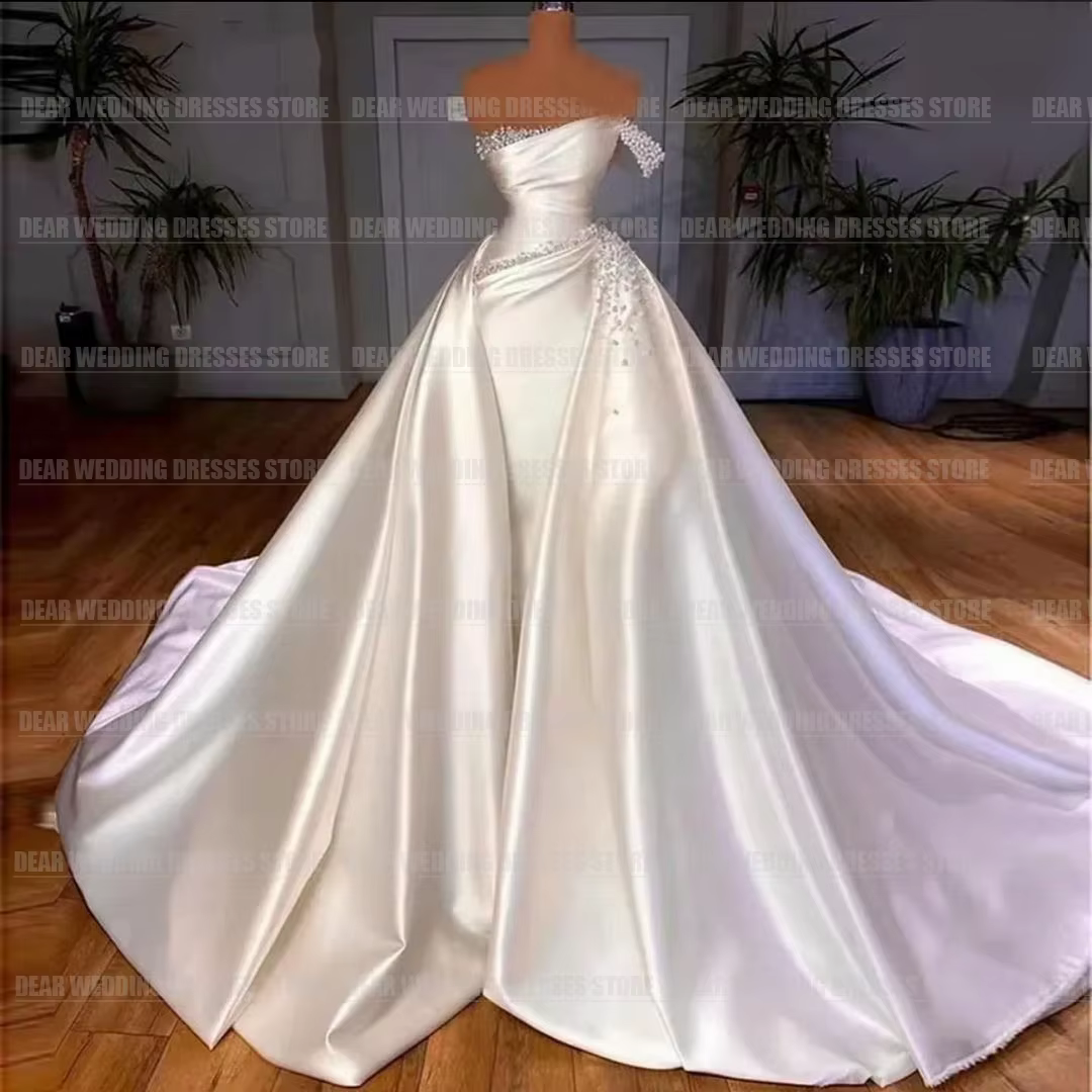 Robe de Mariée Sirène en Satin de Luxe avec Traîne Amovible pour Femme