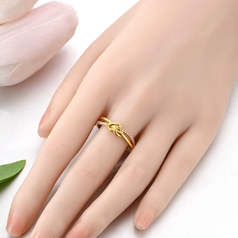 Bague en argent Sterling S925 avec nœud d'amour doré pour femmes