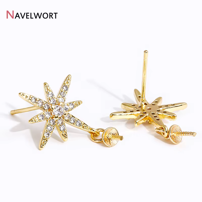 Boucle d'oreille étoile polaire en laiton plaqué or 14K avec Base de perle, résultats de boucles d'oreilles étoile en Zircon incrusté, artisanat de fabrication de bijoux à bricoler soi-même