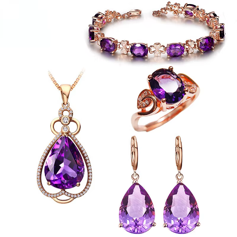 Plaqué or Rose luxe violet cristal pierre feuille collier chaîne collier anneaux boucle d'oreille Bracelet ensemble de bijoux pour femmes filles cadeau