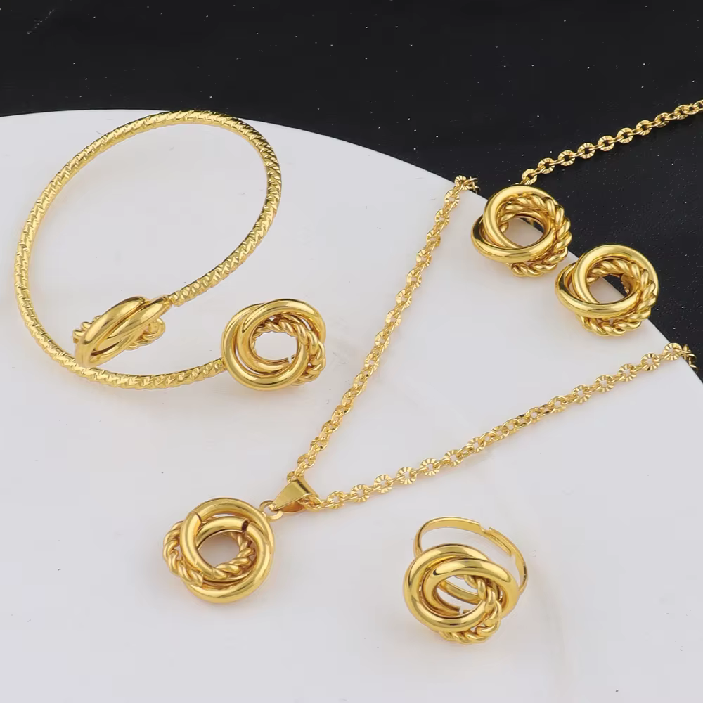 Nouvelle mode en acier inoxydable couleur or cercles imbriqués chiffres romains ensembles de bijoux femmes 4 pièces