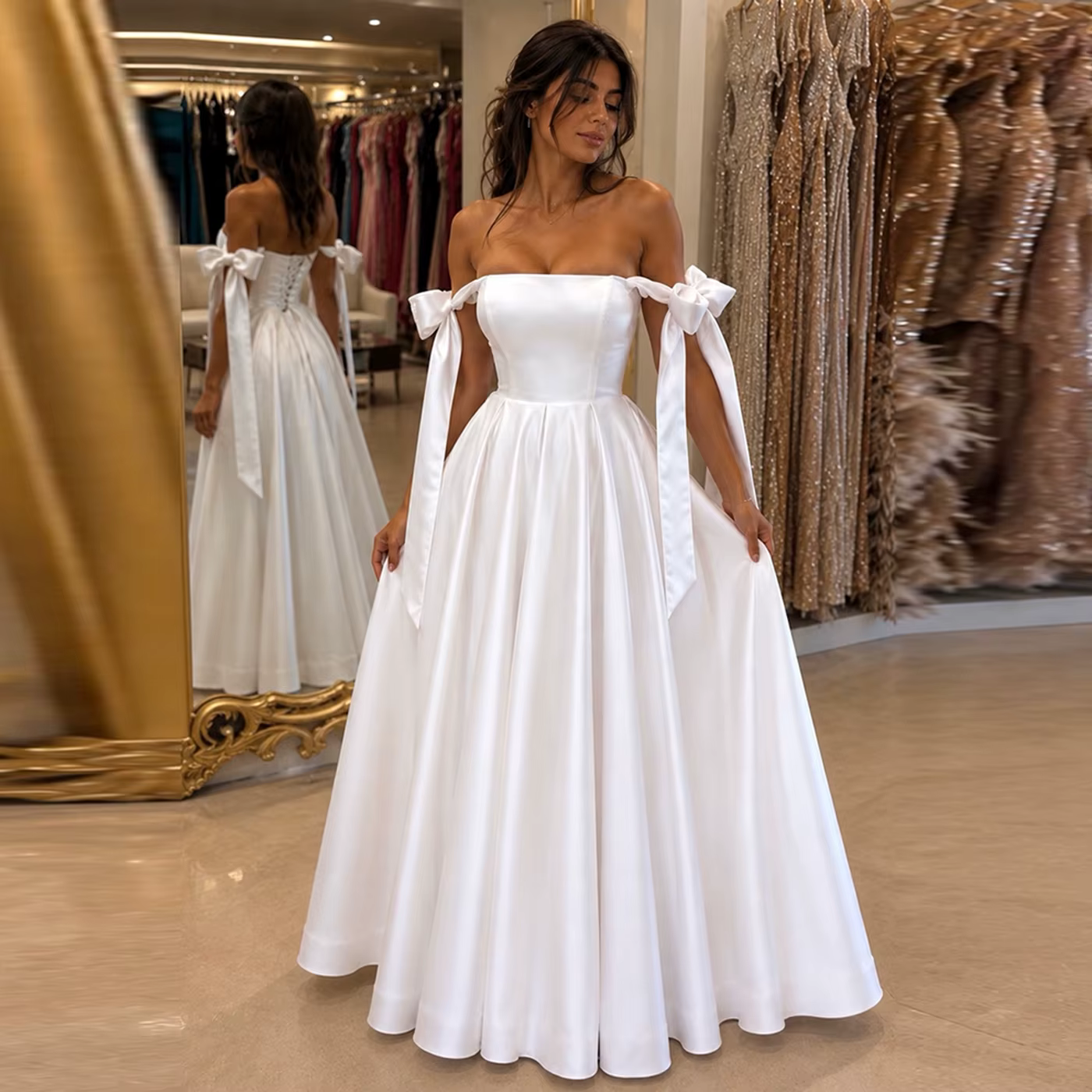 Robe de mariée blanche en satin à épaules dénudées avec nœud