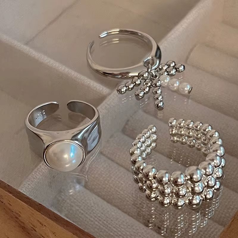 Bagues en argent Sterling 925 avec perles géométriques pour femmes et hommes