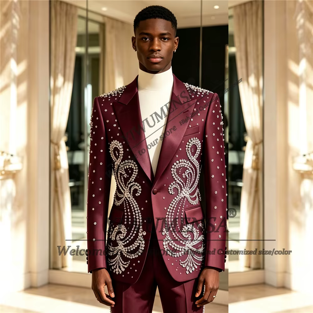 Costumes de mode pour hommes pour mariage, blazers ornés de pierres argentées, ensembles personnalisés 2 pièces, smokings de marié, Trajes Para Hombre