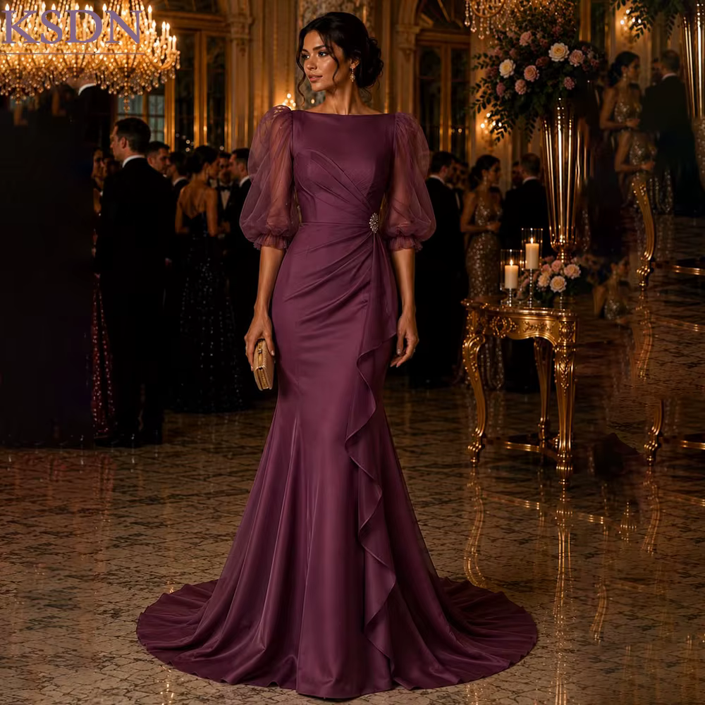 Robe de Soirée de Cérémonie de Mariage pour Femme, Robe de Luxe à Demi-Manches, Traîne Chapelle, Coupe Sirène, Plissée, pour Événements Spéciaux et Occasions Formelles