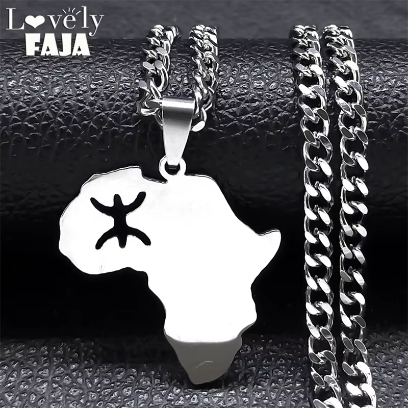 Collier de carte de l'afrique des berbères en acier inoxydable pour femmes et hommes, couleur argent, Amazigh Lettre Kabyle berbère, bijoux 8087