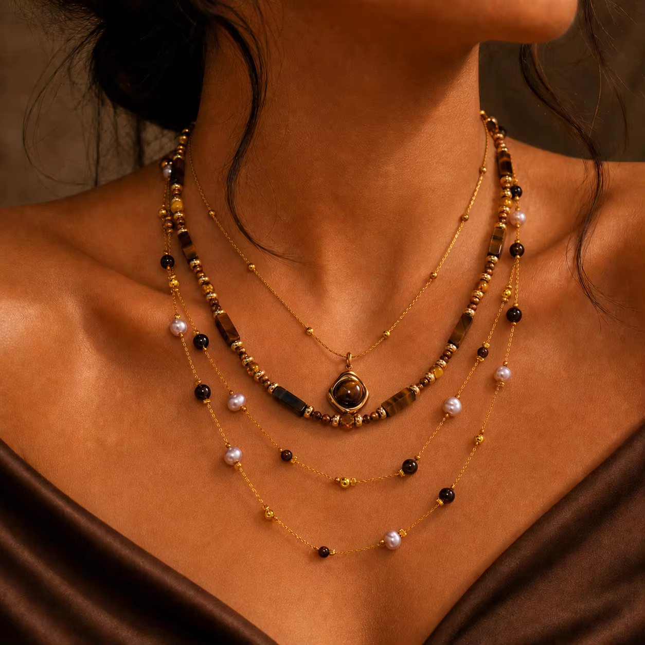 Ensemble de colliers superposés en imitation perle œil de tigre Maillard pour femmes