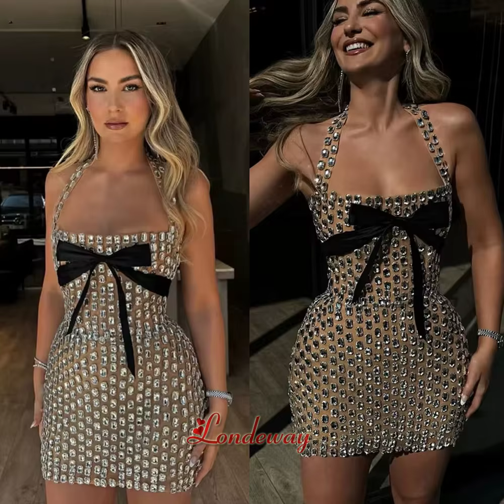 Londeway luxe licou robe De retour nœud papillon strass Mini dubaï cérémonie fête robes De Fiesta Cocktail personnalisé