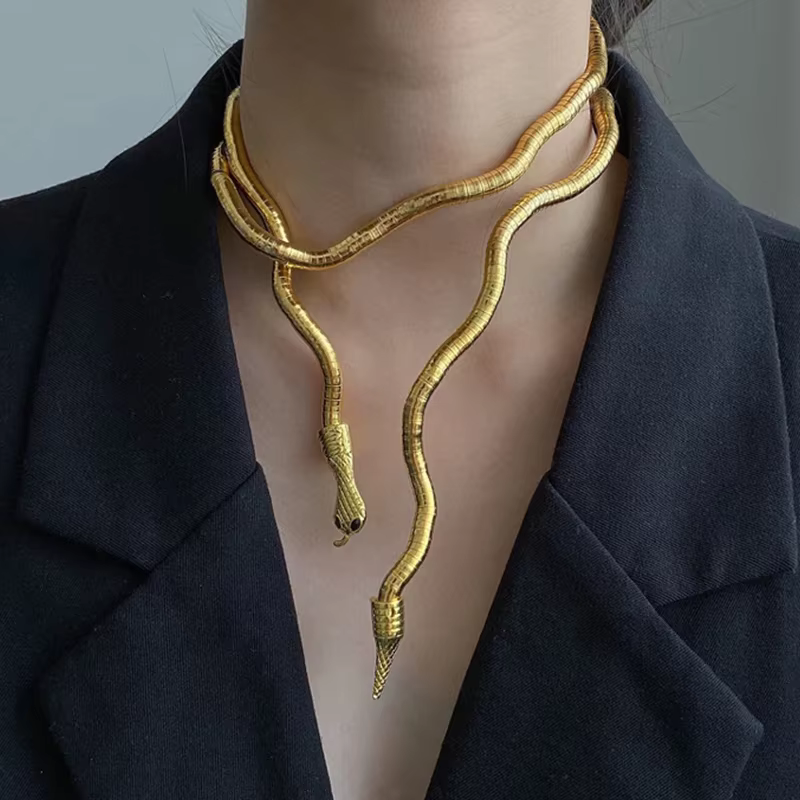 AENSOA 2025 nouveau Punk multicouche en alliage de métal or noir couleur Cool Bendy serpent collier Bracelet pour femmes hommes gros bijoux