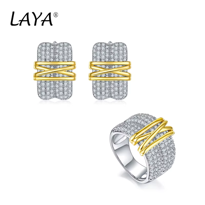 Laya Boucles D'Oreilles Ensembles De Bagues Pour Femmes En Argent Sterling 925 Mode Rétro Or Clair Multi-Lignes Brillant Zircon Original Bijoux Modernes