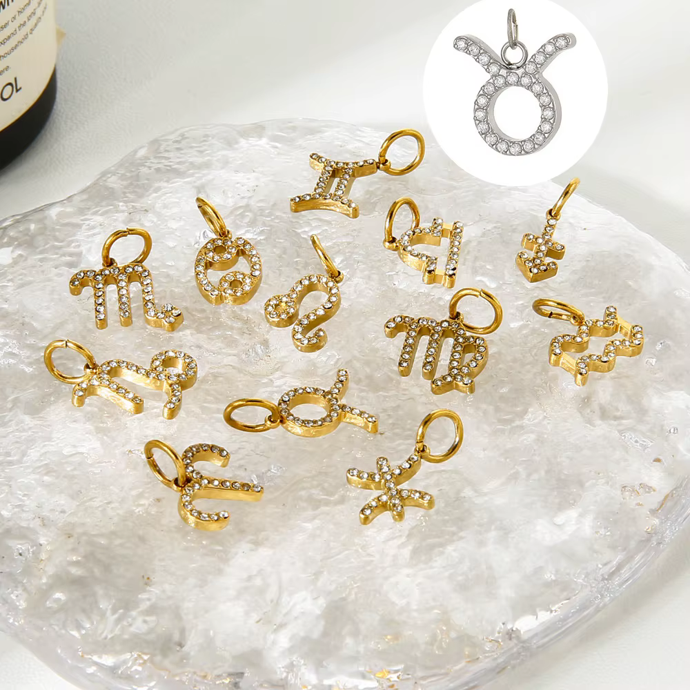 Horoscope en acier inoxydable plaqué or, Zircon incrusté de 12 signes du zodiaque, breloques pour la fabrication de bijoux à bricoler soi-même, Bracelet de collier