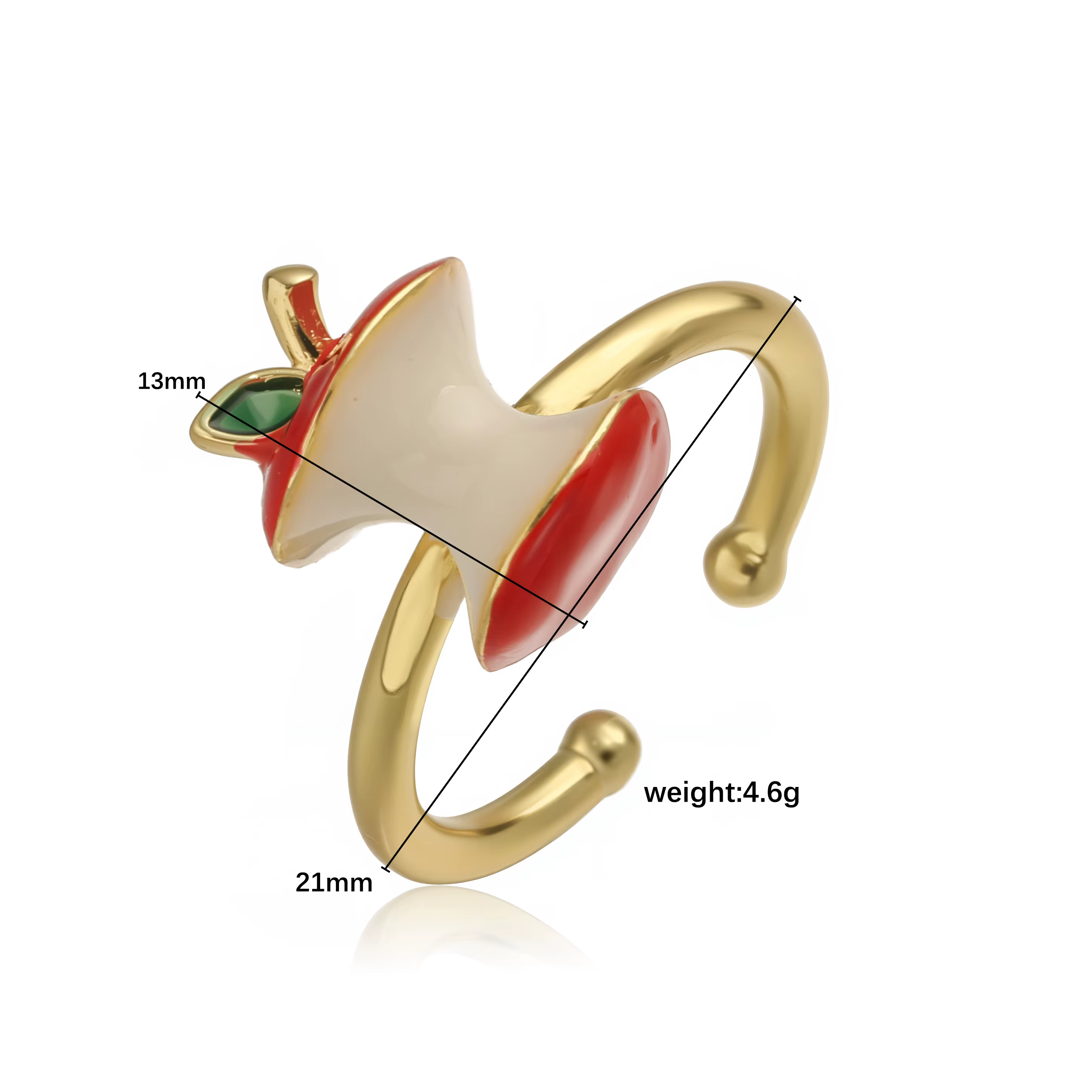 Bague en laiton plaqué or 18 carats avec pomme rouge émaillée