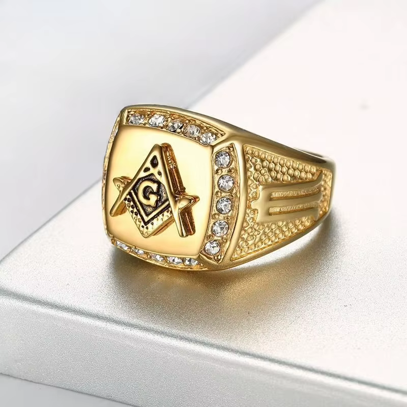 Classique rétro franc-maçon AG Zircon anneaux titane acier hommes personnalisé mode bague charme bijoux