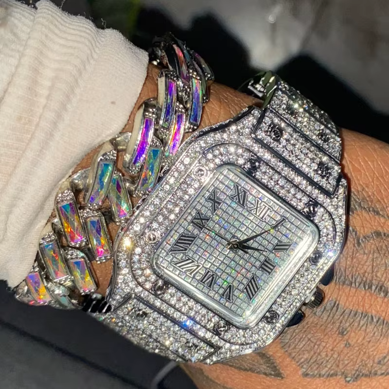 Montre entièrement glacée pour hommes, chaîne à maillons cubains, bijoux scintillants, grandes chaînes en or, ensemble de montres Hip Hop pour hommes, 2024