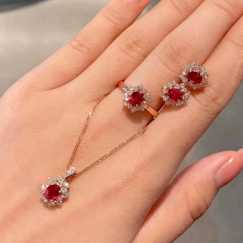 Parures de bijoux classiques en argent 925 avec incrustations de petites fleurs, diamants et rubis, boucles d'oreilles, bagues et colliers raffinés, cadeaux de fête