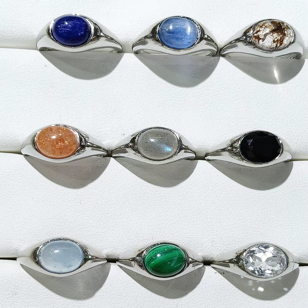 Bague ajustable en cuivre plaqué argent avec pierres précieuses naturelles à 100 % (aigue-marine