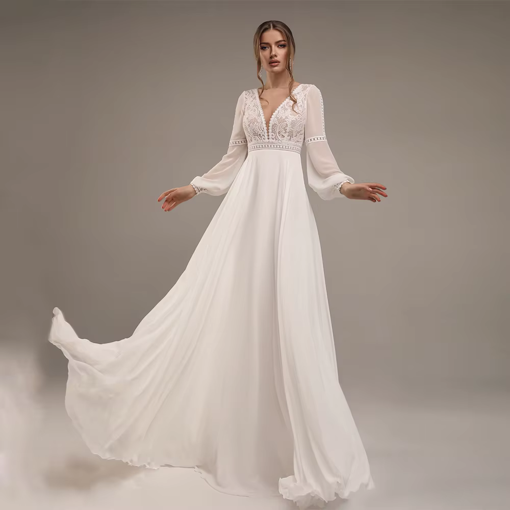 Robe de mariée bohème à manches bouffantes personnalisées