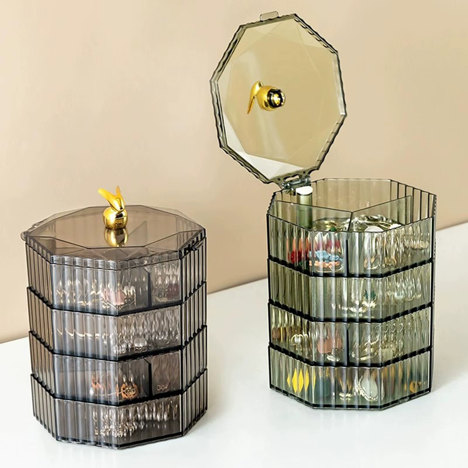 Boîte de rangement rotative pour bijoux, transparente, 10.5cm x 15.5