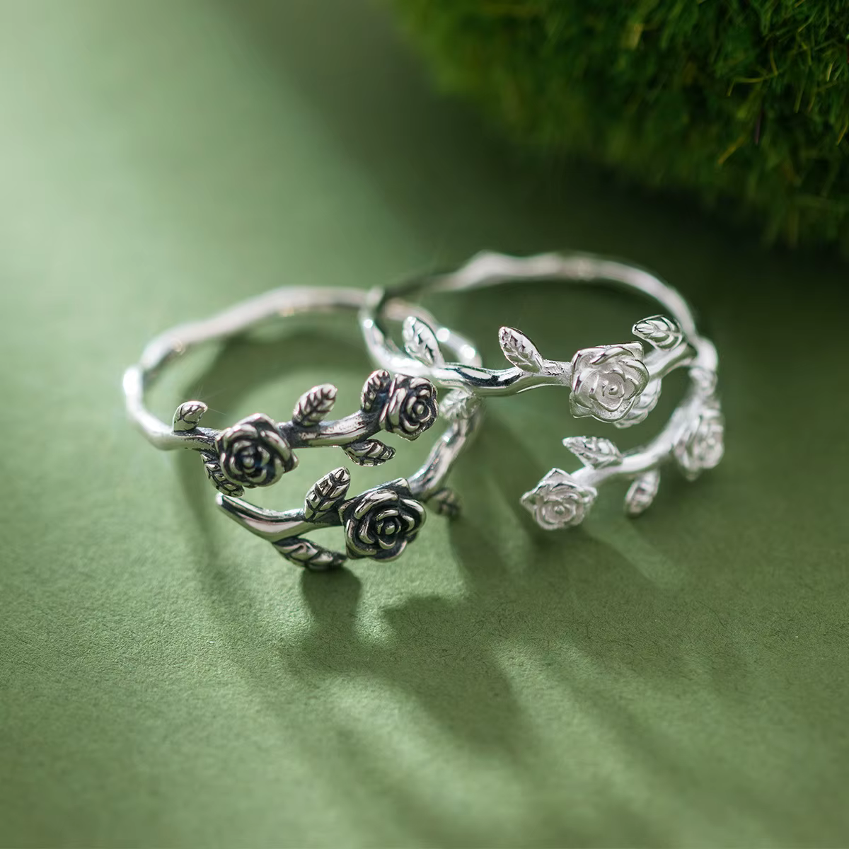 Branche de roses en argent sterling 925 ​ Bagues réglables pour femmes