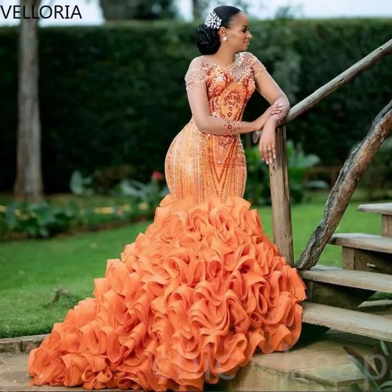 Robe sirène Aso Ebi en perles orange